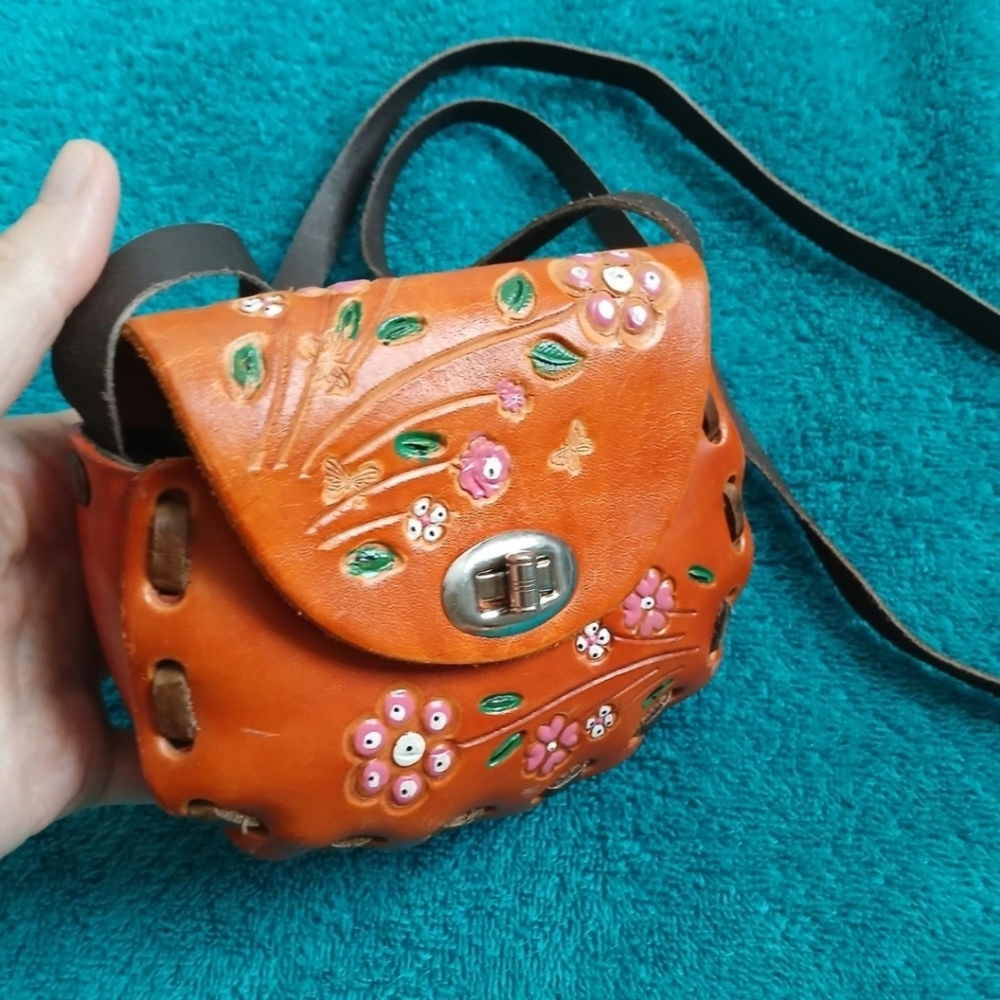 70s Leather Tooled Bag Floral Mini Crossbody Bag Baja Retro Cowgirl Boho - Picture 5 of 9